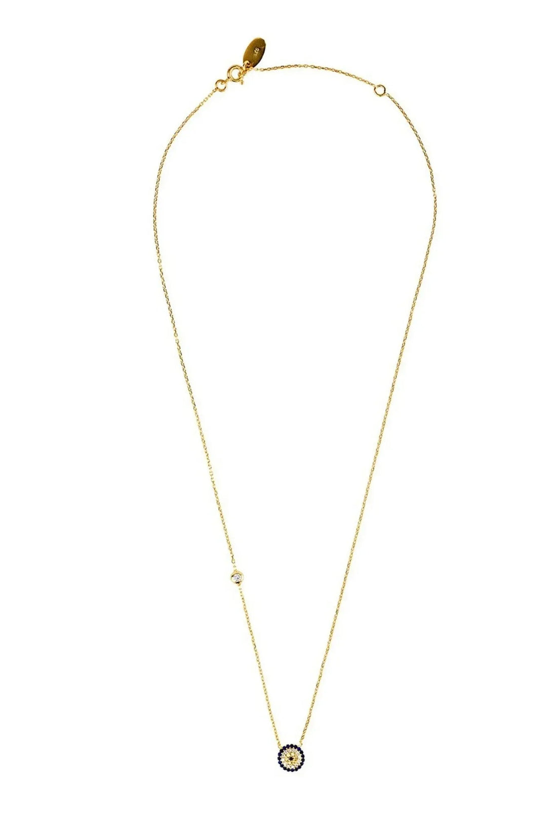 Gold evil eye pendant necklace with round blue eye charm and long chain