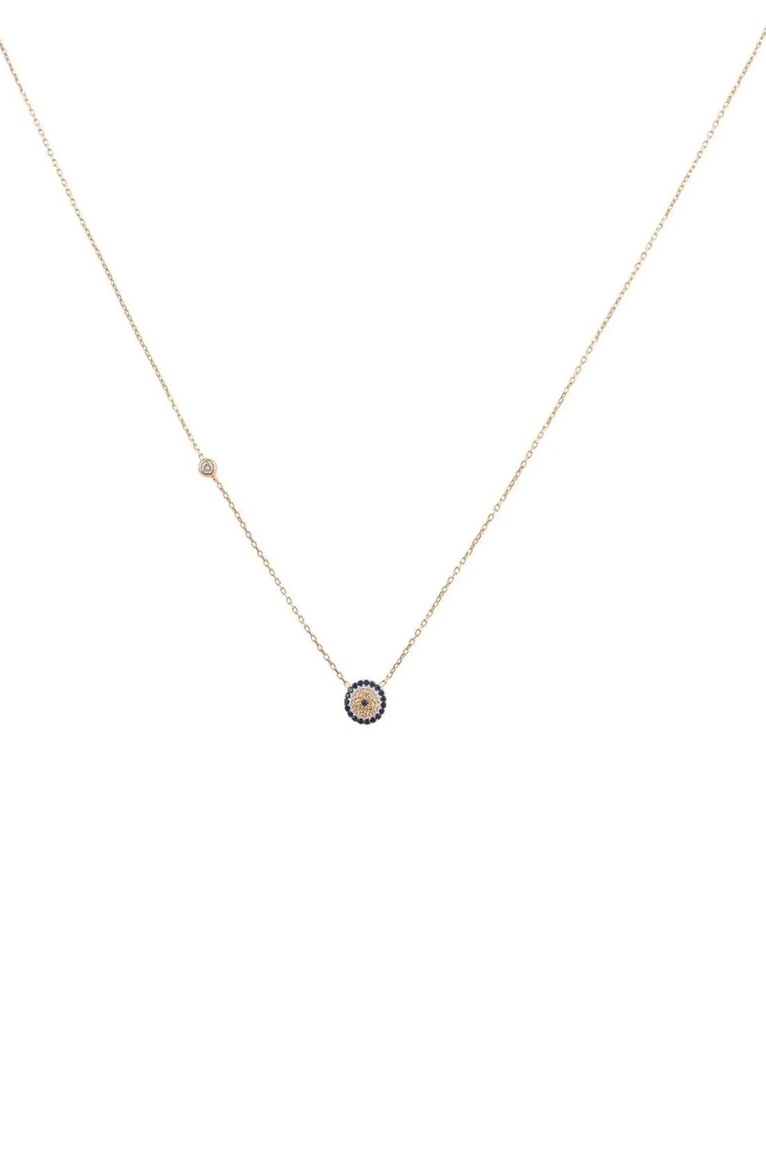 Silver-tone evil eye necklace with tiny blue evil-eye charm on chain