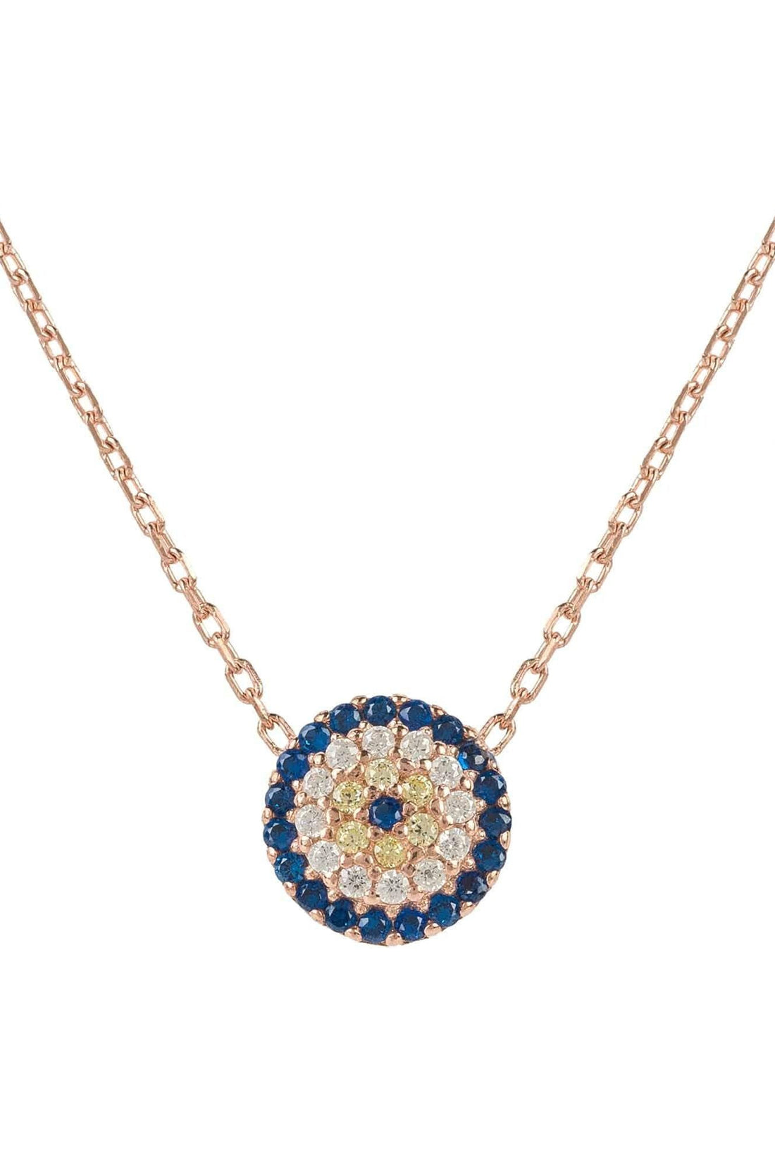 Rose gold evil eye necklace with blue-and-clear round pendant