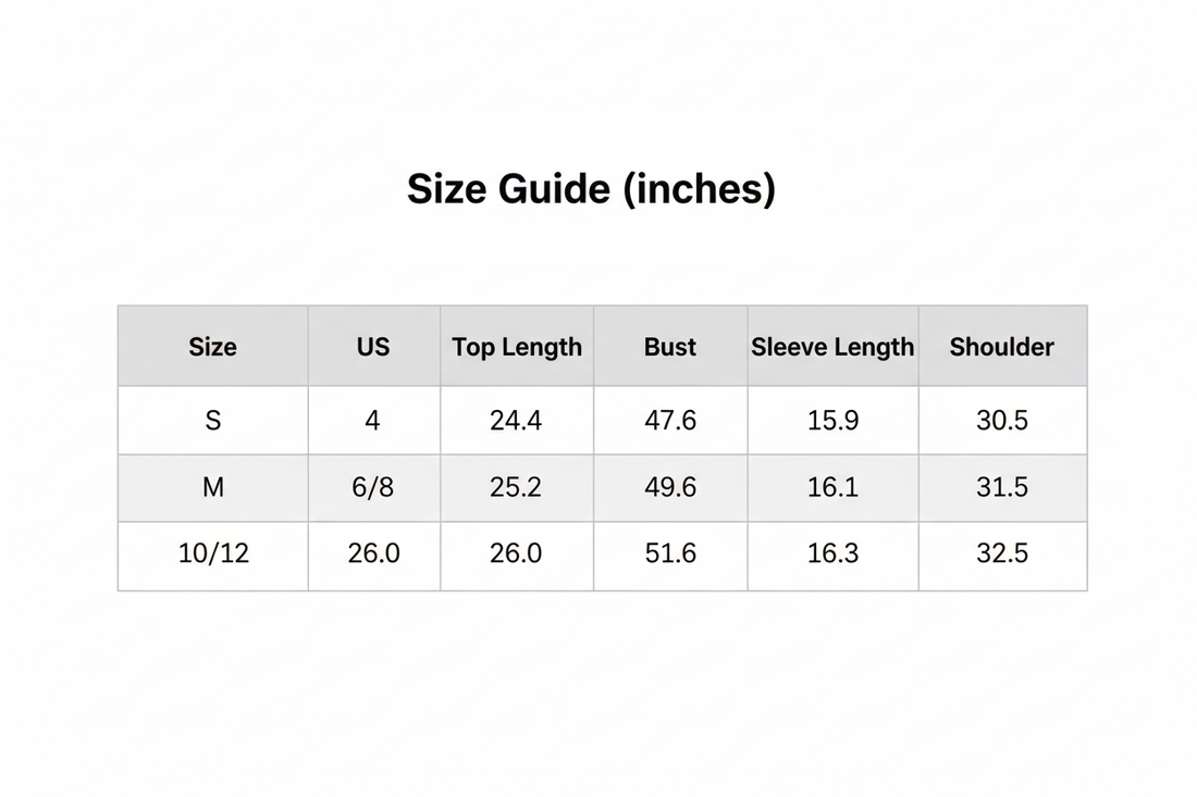 Size guide inches chart with measurements for hoodie sizing by bust and sleeve length