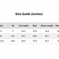 Size guide inches chart with measurements for hoodie sizing by bust and sleeve length