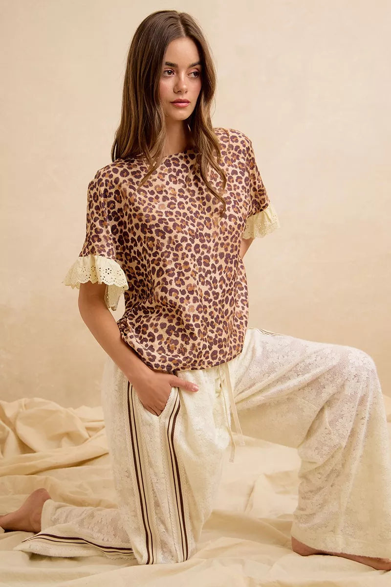 Leopard print top and cream striped shorts set with lace cuff details