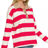Striped polo top with contrast collar and button placket, ruby and white