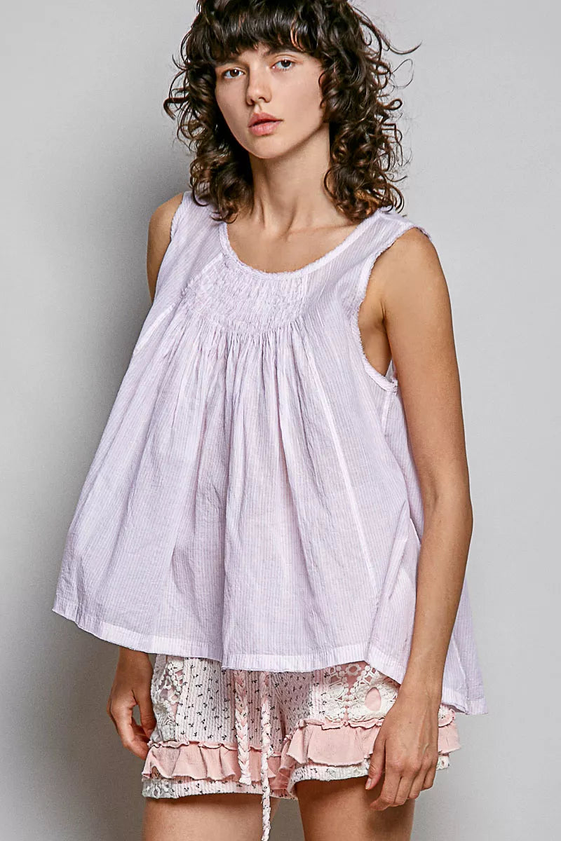 Lavender sleeveless cotton top with round neck and gathered pleated yoke
