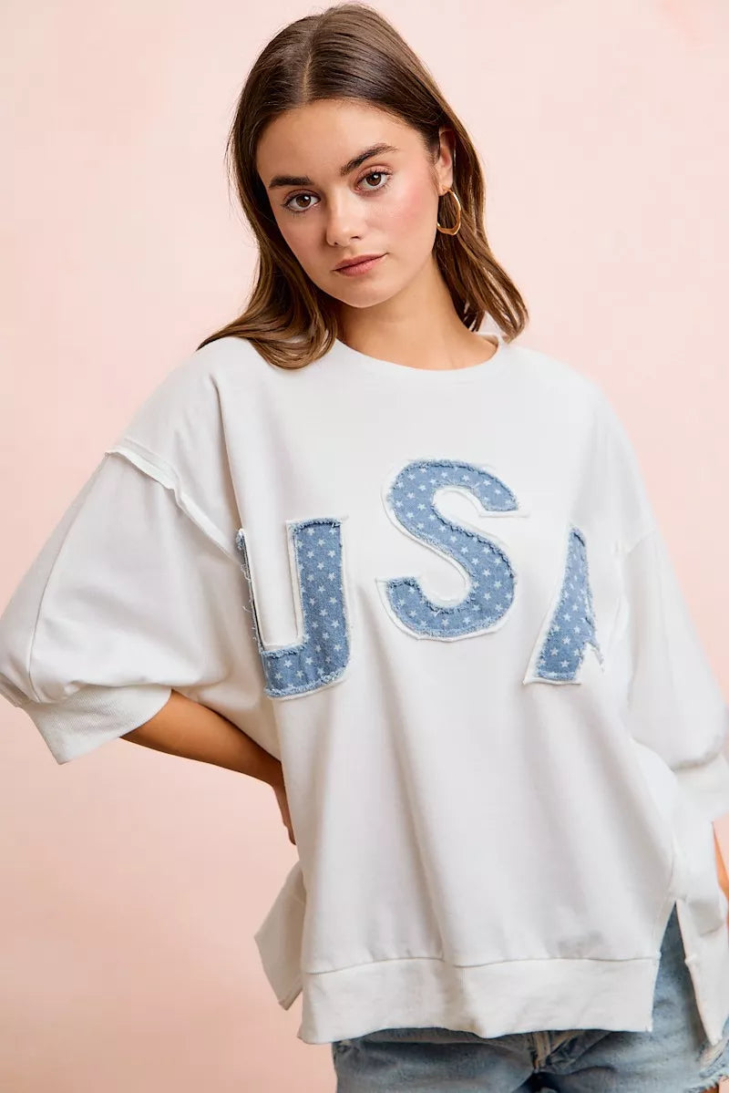 Ivory french terry sweatshirt with blue "USA" letter applique on the front, relaxed fit
