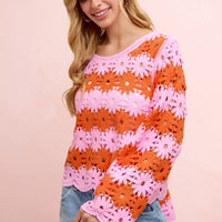 BiBi crochet flower knit top with orange and pink floral openwork, long sleeves