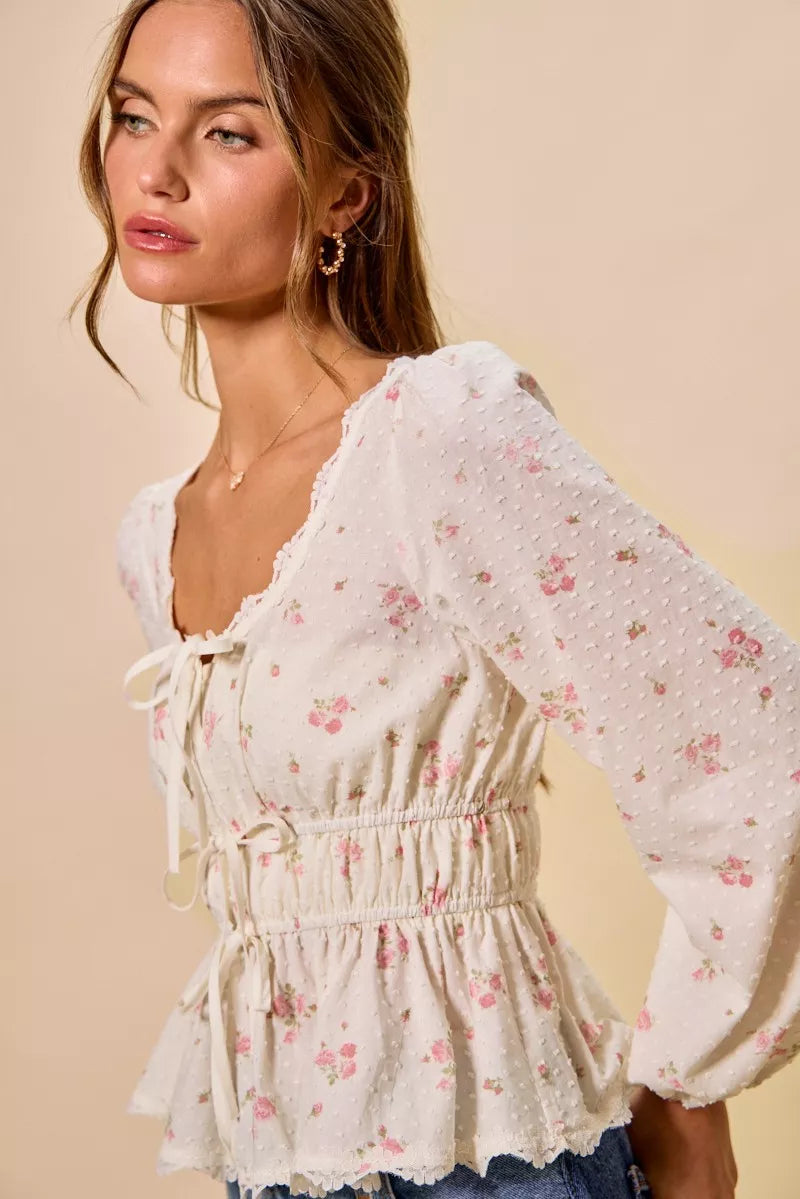 White floral clip-dot lace-trim peplum blouse with tie-front drawstring and puff sleeves