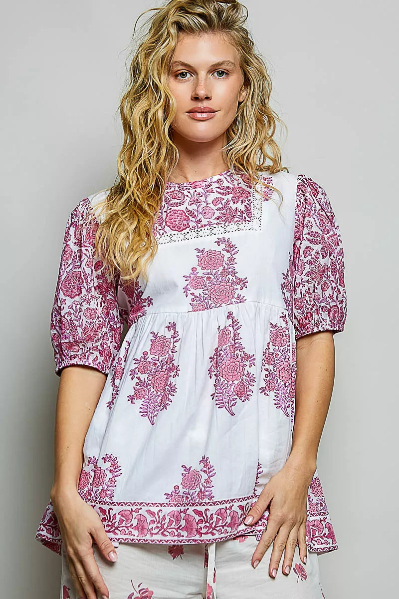 Ivory and pink floral hand-block print woven blouse with puff sleeves