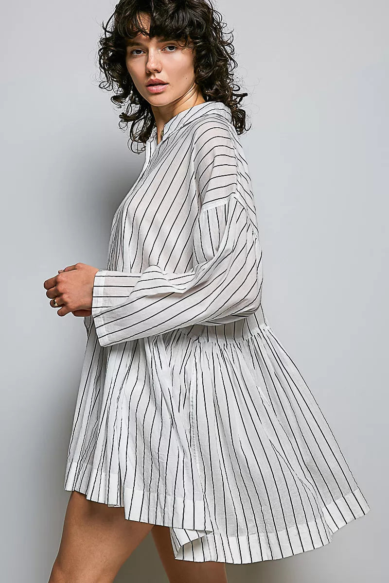 Striped relaxed shirt dress, long sleeves with cuffs, gathered waist and flared skirt
