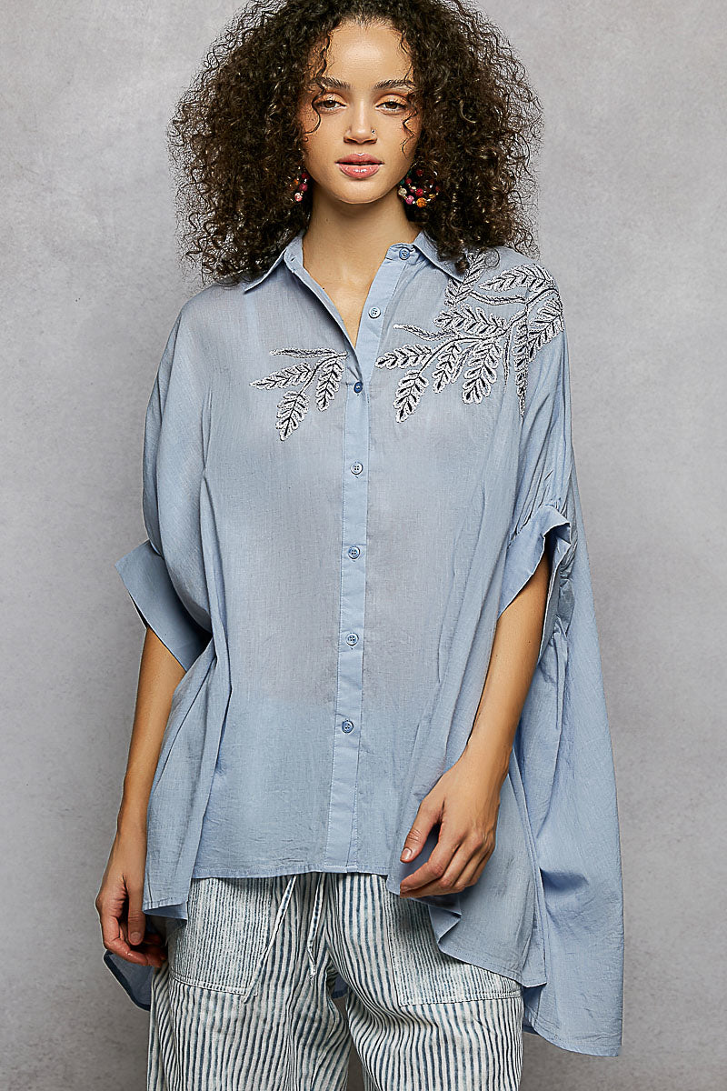 Sky blue button-down embroidered high-low hem shirt with short sleeves