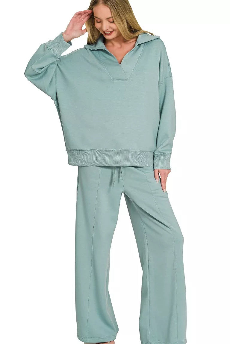 Blue grey collared scuba pullover and center-seam pants set, long sleeves