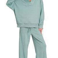 Blue grey collared scuba pullover and center-seam pants set, long sleeves