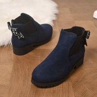 Dark navy suede ankle boots with block heel and faux pearl stud side detail