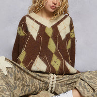 Women's mohair V-neck sweater in brown with argyle pattern and contrast exposed seams