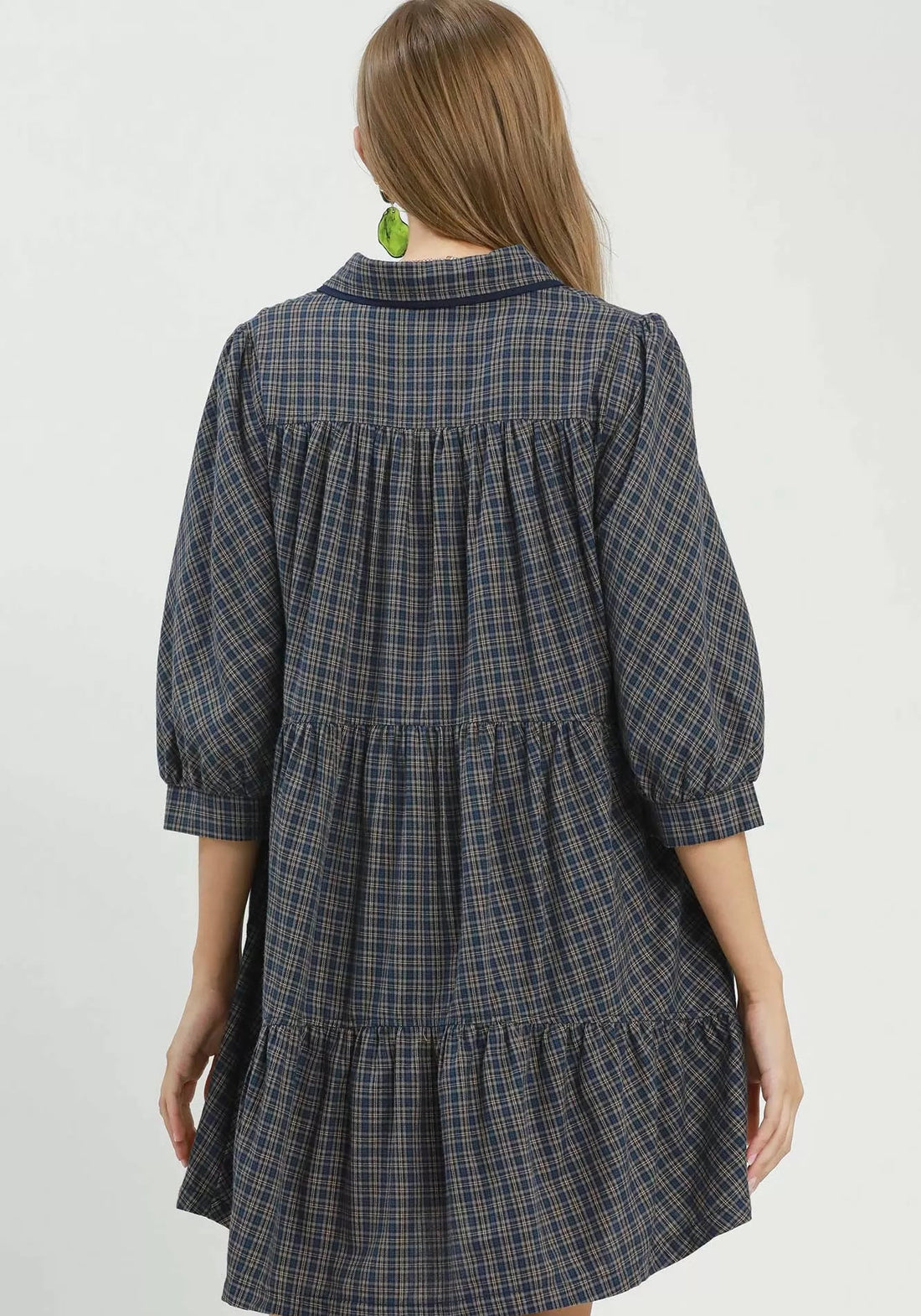 Navy plaid shirt dress with gathered back yoke and three-quarter length sleeves