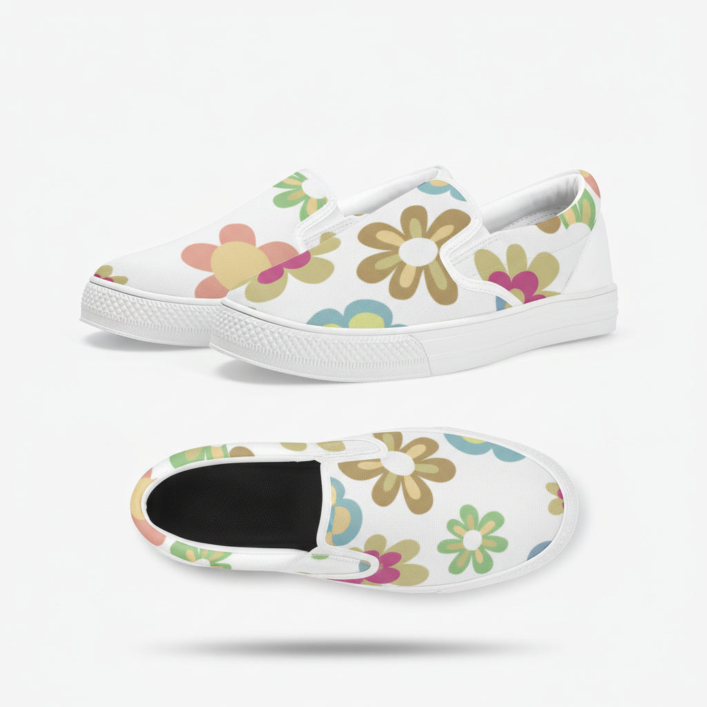 White Multicolor Womens Flower Sneakers | Floral Print Slip On Canvas Shoes
