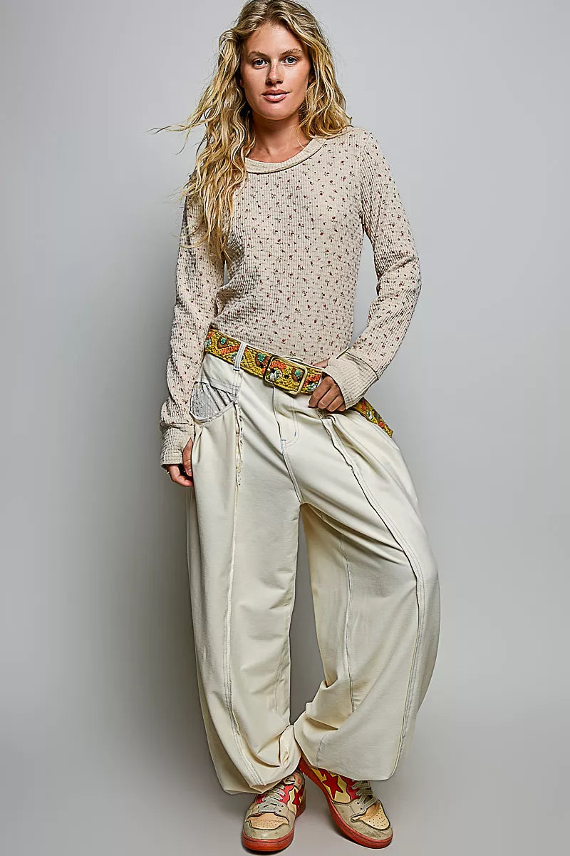 Ribbed knit crew neck long-sleeve top with scattered mini floral print