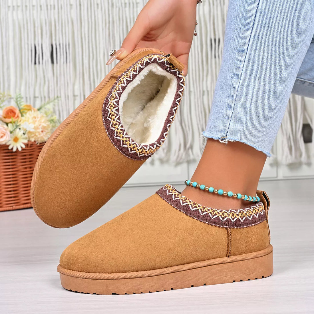 Camel platform ankle boots with patterned trim, fleece lining, and beaded ankle bracelet