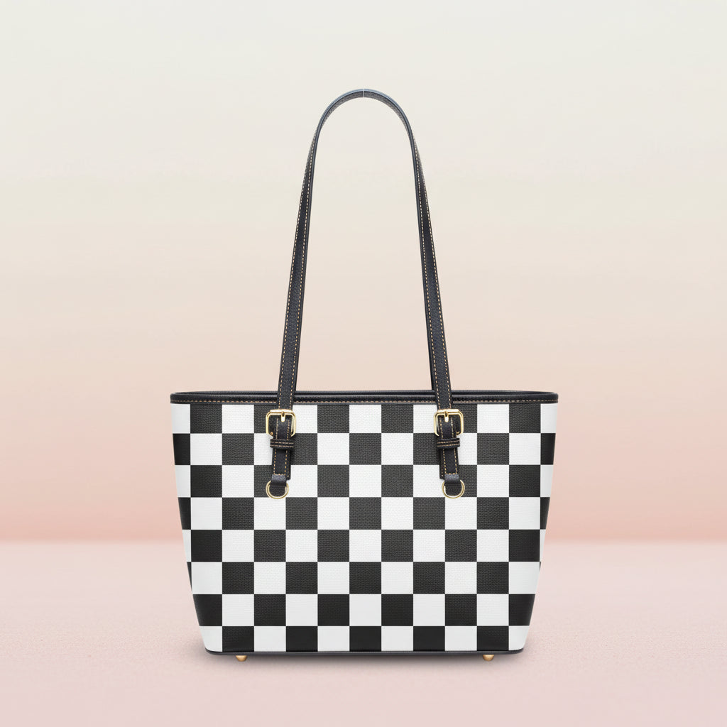 Checkered Tote Bag | Large Black and White Twill Faux Leather Purse