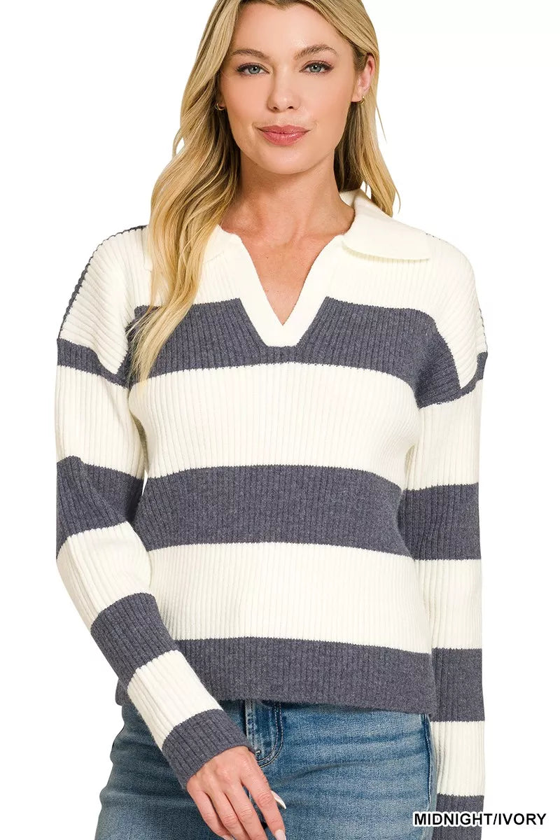 Striped collared sweater in navy/ivory with V-neck, long sleeves