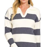 Striped collared sweater in navy/ivory with V-neck, long sleeves