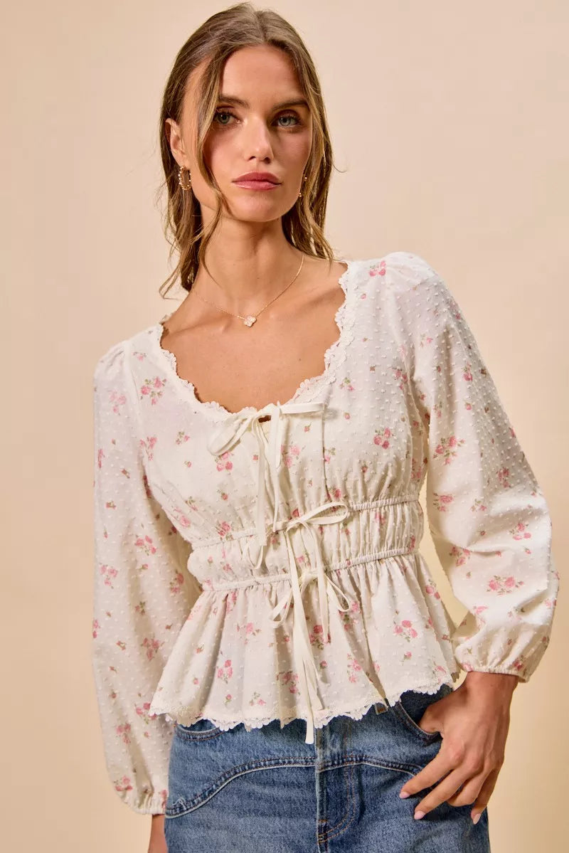 White floral clip-dot lace-trim ruched blouse with puff sleeves and scalloped neckline