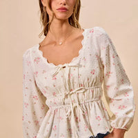 White floral clip-dot lace-trim ruched blouse with puff sleeves and scalloped neckline