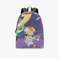 Kids canvas backpack with purple space astronaut print and top handle, black shoulder straps