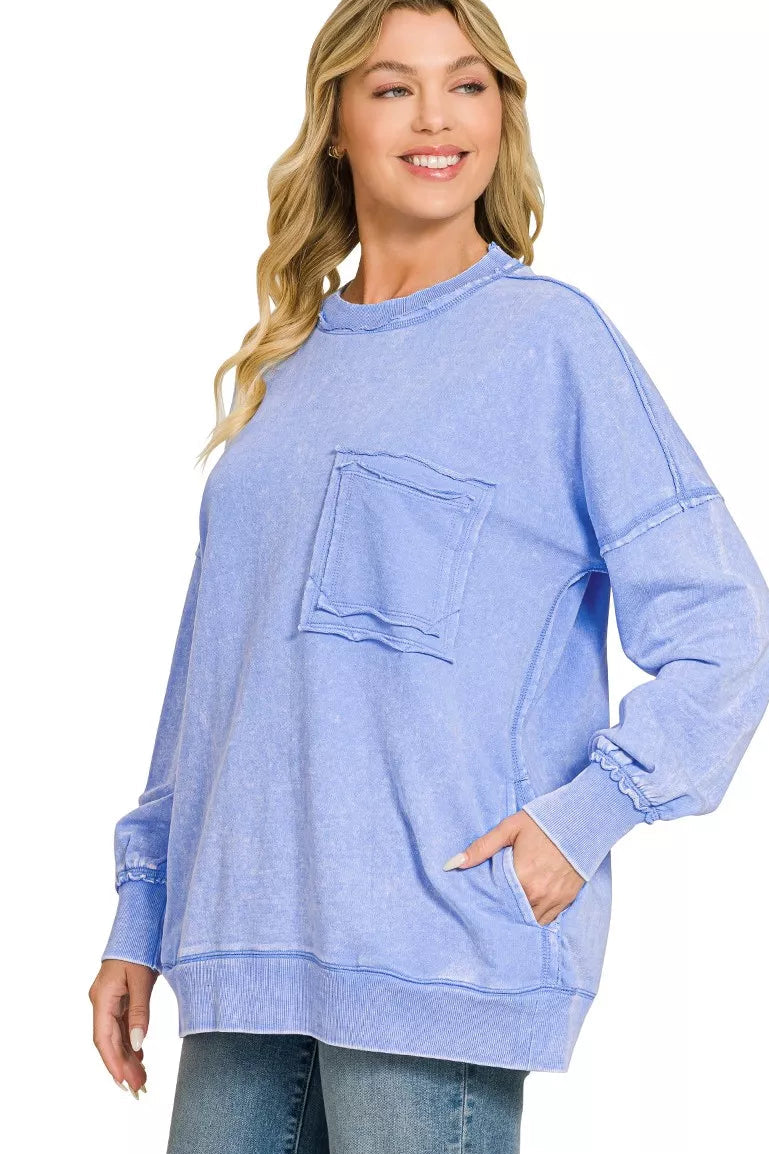 Women’s acid-wash sweatshirt with front pocket, raw-edge hem and cuff detail, cornflower blue