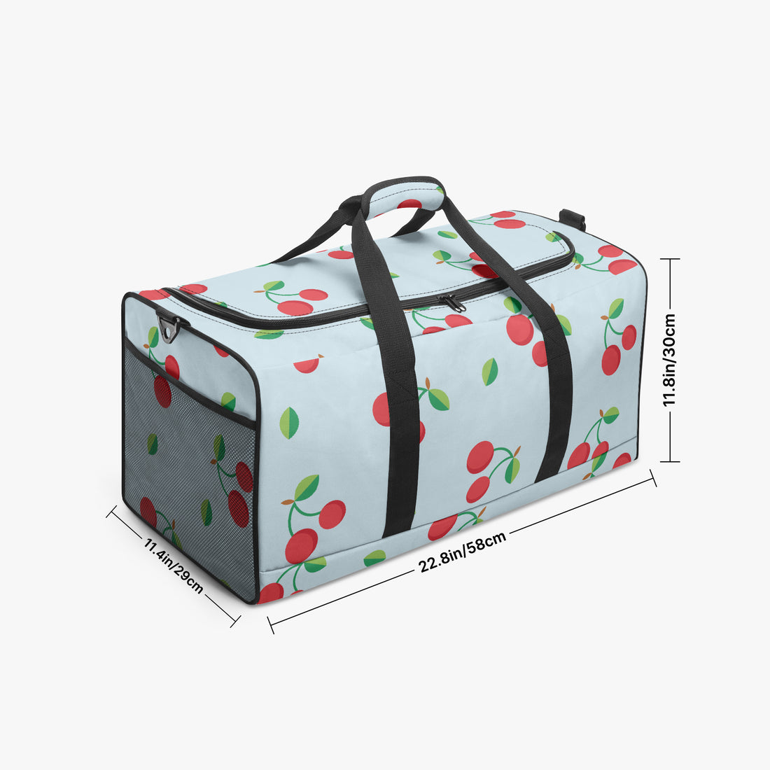 Red Cherry Print Duffle Bag Blue Canvas