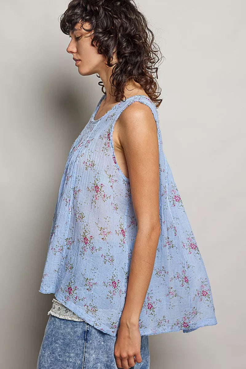 Blue floral pleated cotton sleeveless top, round neck, side view