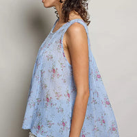 Blue floral pleated cotton sleeveless top, round neck, side view