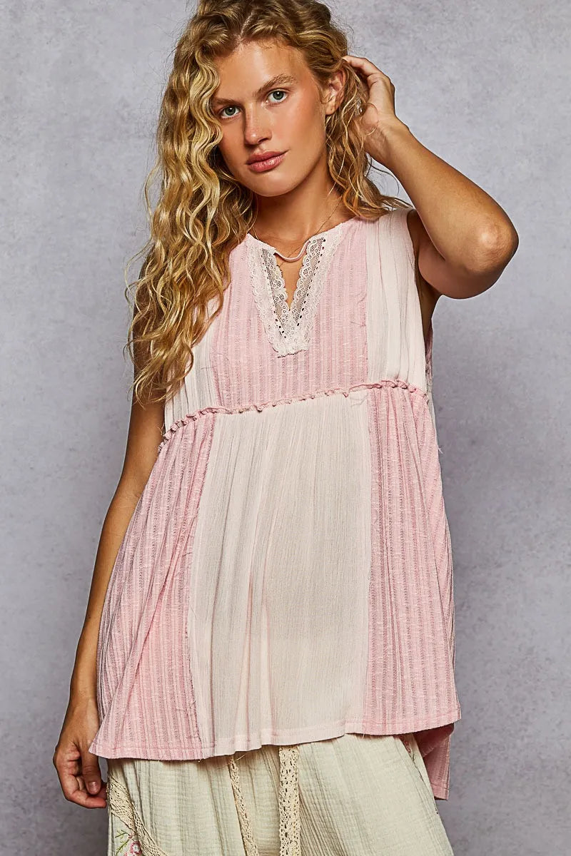 Two-tone pink and cream lace-trim pintuck tank top with V-neck and keyhole back