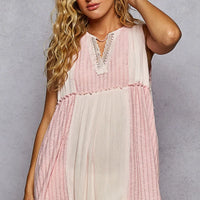 Two-tone pink and cream lace-trim pintuck tank top with V-neck and keyhole back