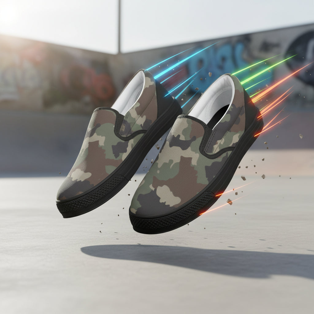 Classic Green Camo Slip On Sneakers | Unisex Camouflage Print Canvas Shoes