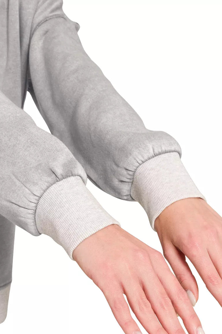 Gray acid-washed fleece pullover with ribbed cuffs and contrast-trim sleeves