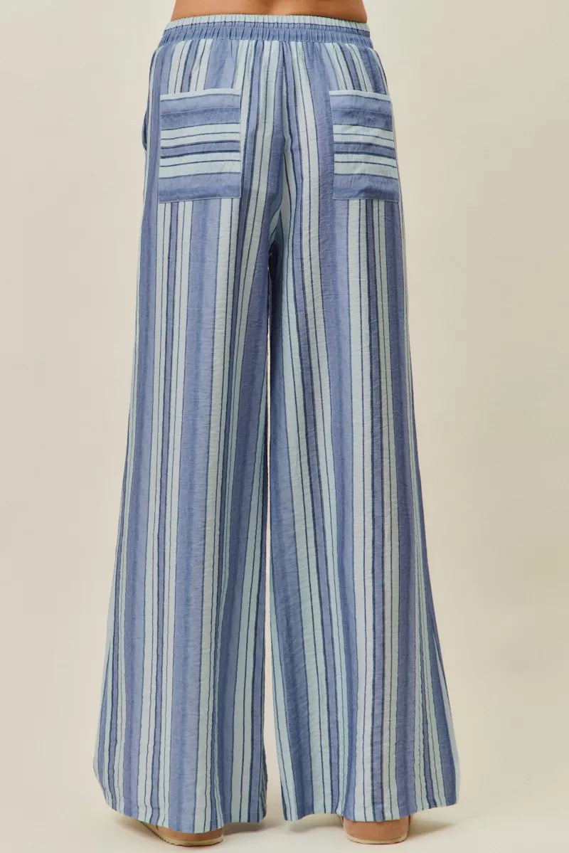 Blue striped wide-leg pull-on pants, elastic waist, patch back pockets