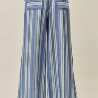 Blue striped wide-leg pull-on pants, elastic waist, patch back pockets