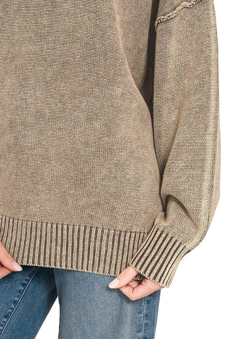 Brown washed knit sweater with ribbed cuffs and hem detail on long sleeve