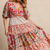 Floral print tiered midi dress with flutter sleeves and V-neck detail, rose mix