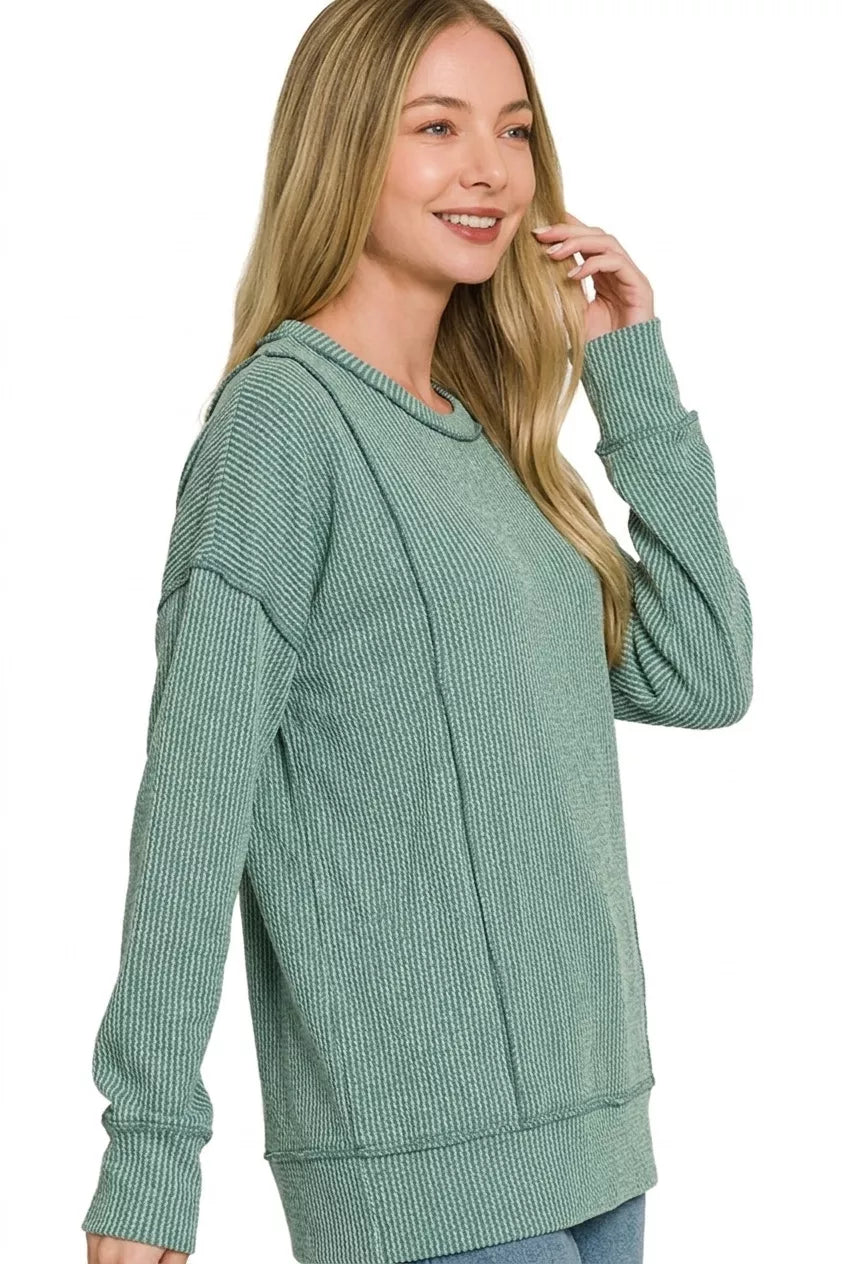 Jade corded rib knit long-sleeve top with crew round neck and ribbed cuffs