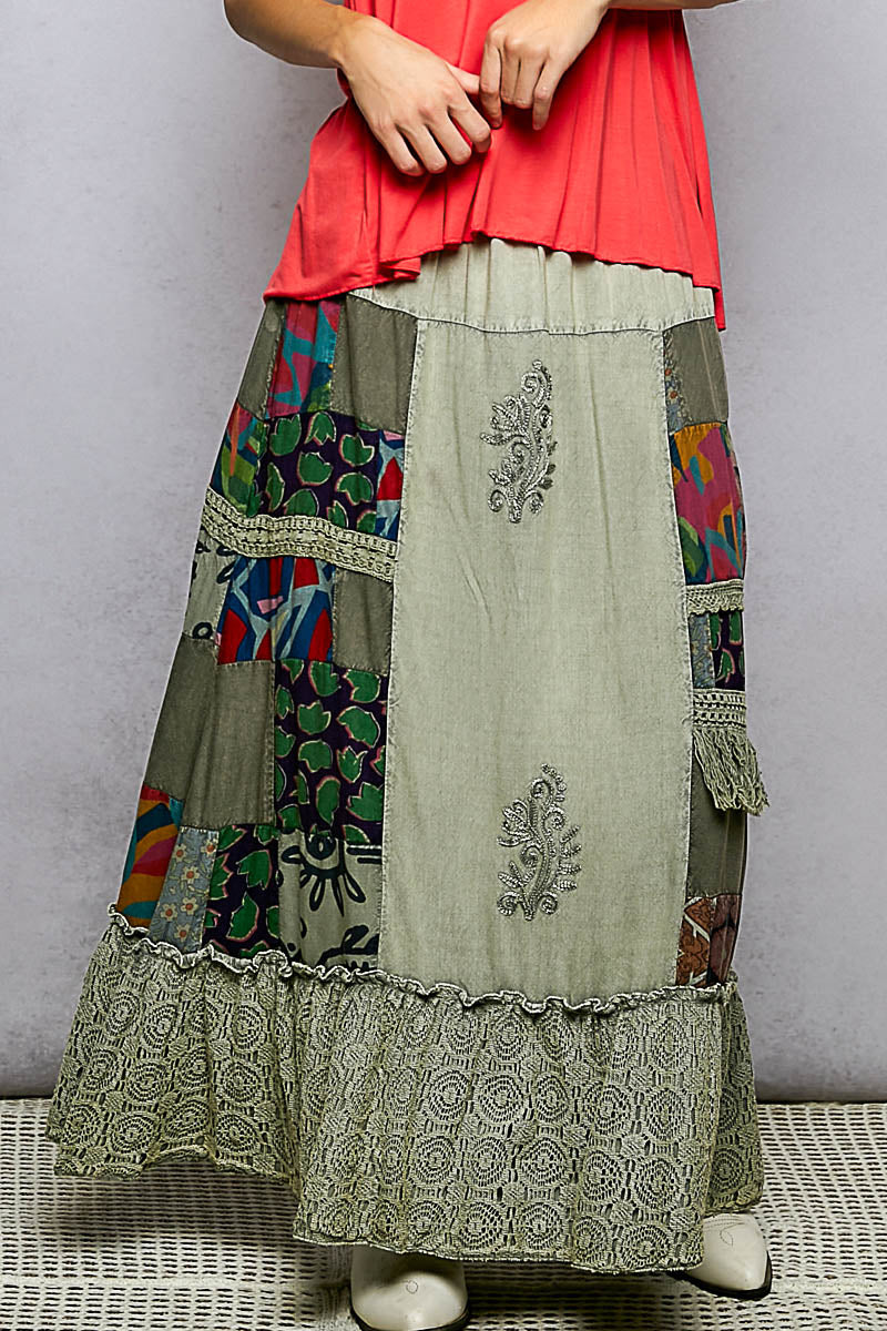 Sage multi patchwork ruffled skirt with embroidered scroll details