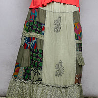 Sage multi patchwork ruffled skirt with embroidered scroll details