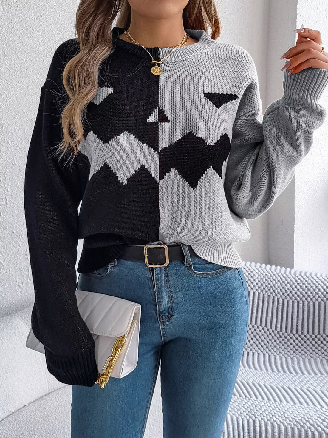 Two-tone pumpkin face graphic sweater, gray/black zip-front knit, long sleeves