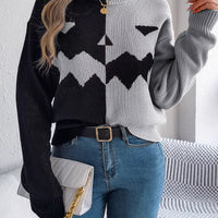 Two-tone pumpkin face graphic sweater, gray/black zip-front knit, long sleeves