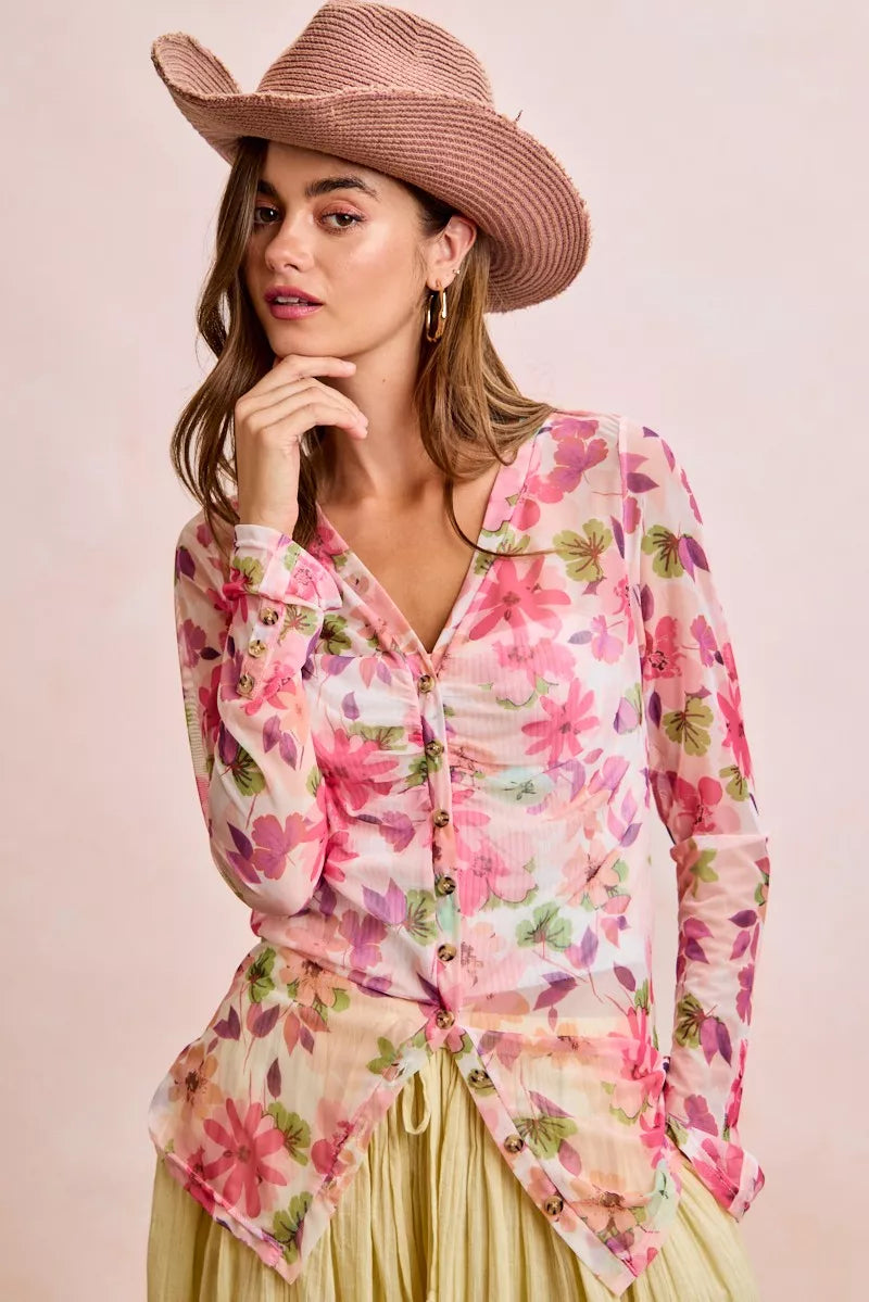 Pink multi floral mesh cardigan top with V-neck, button front, and shirred waist