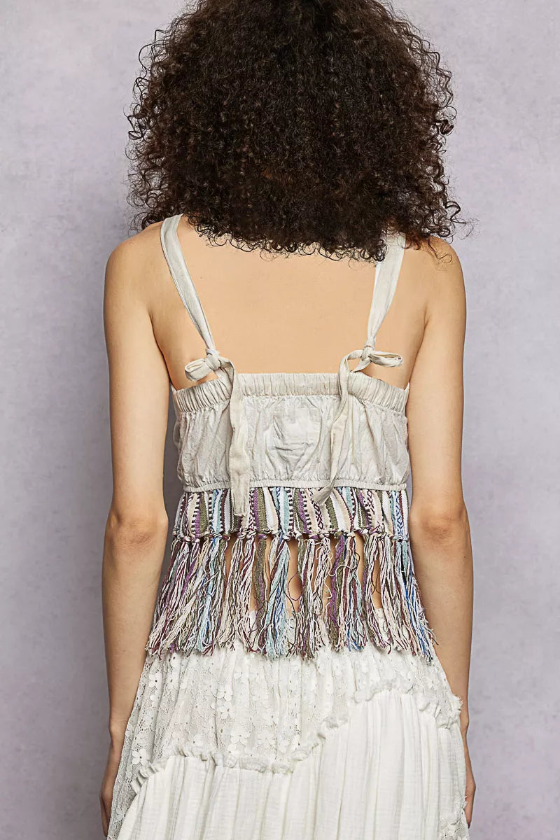 Natural lace-back tank with lace panel and multicolor fringe yoke