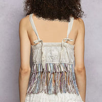Natural lace-back tank with lace panel and multicolor fringe yoke