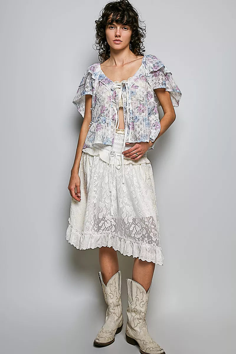 Floral tie-front ruffle short-sleeve blouse with lace-trim neckline, off-white pastel print