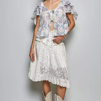 Floral tie-front ruffle short-sleeve blouse with lace-trim neckline, off-white pastel print